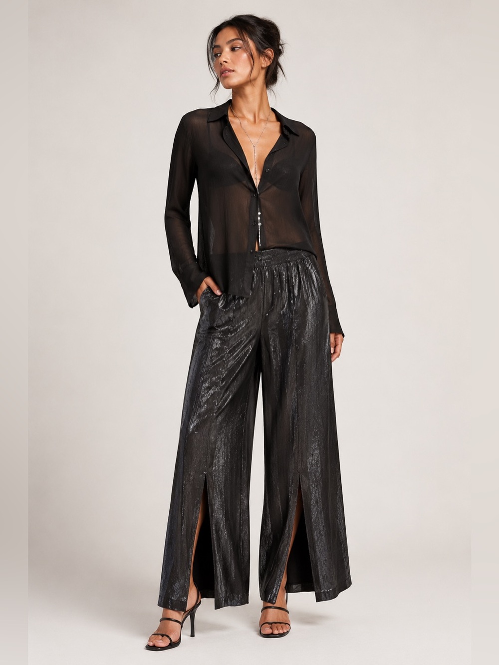 Metallic Black  Wide Leg Pants Women's Black Shimmer Y2K Tall Girl Friendly